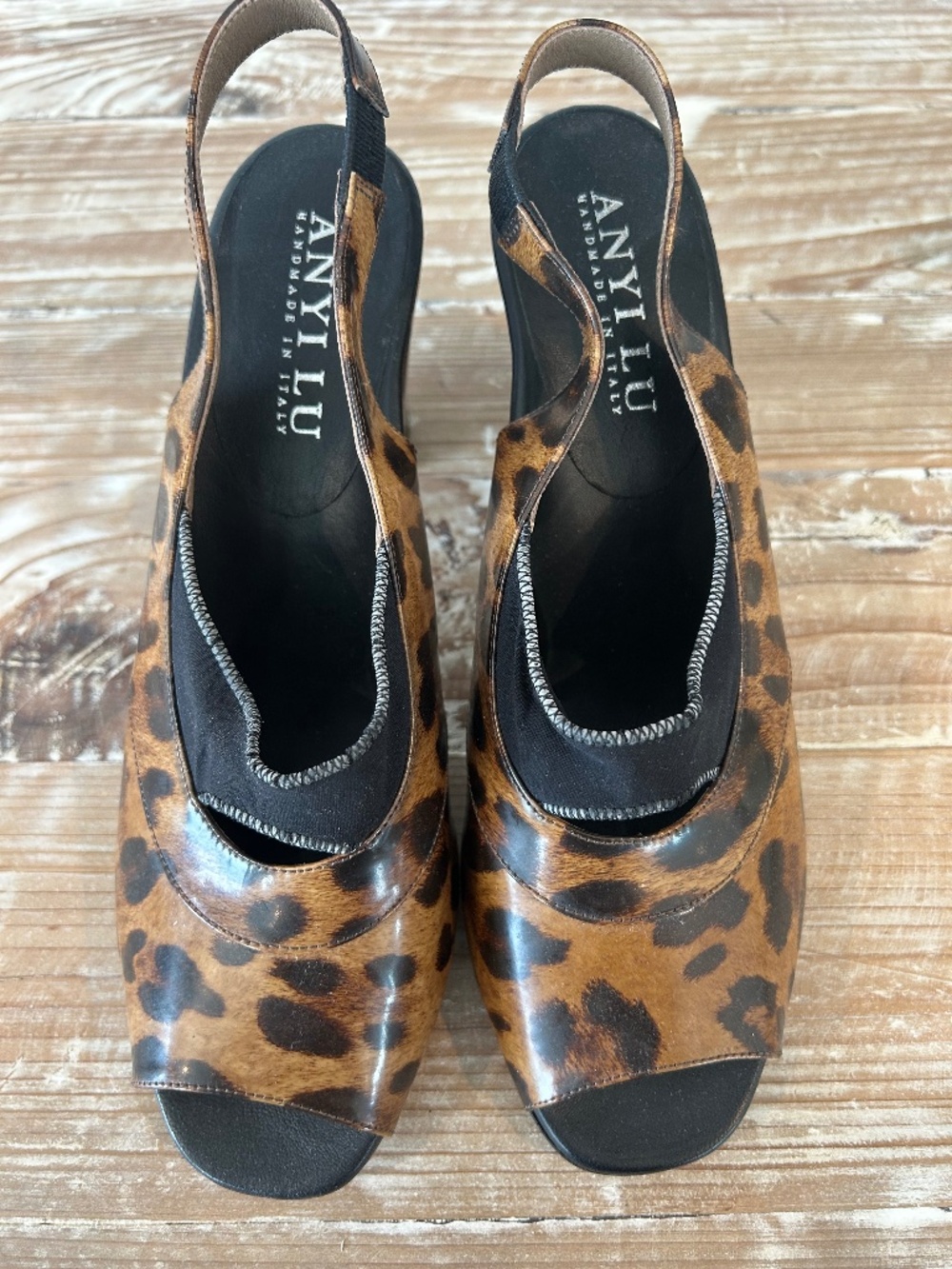 NWOB Anyi Lu Leopard Print Slingback Peep Toe, Block Heel Shoes Sz 39 - 8.5 US